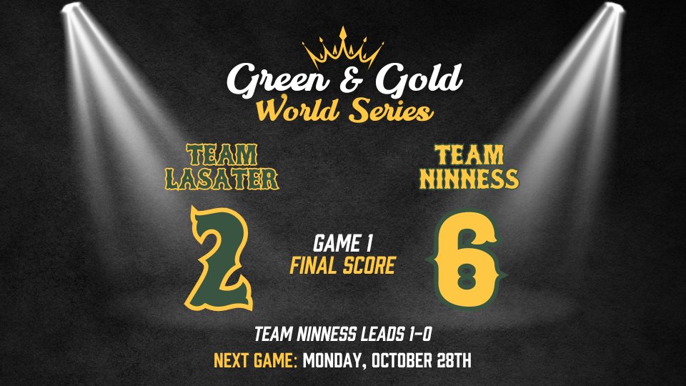 We've gone FINAL in Chickasha!

Timely hitting and strong pitching lead Team Ninness to victory in this one. Team Lasater will look to rebound and even the series on Monday as the Green &amp; Gold World Series continues at Bill Smith Ballpark! #BleedGreen #DroverNation