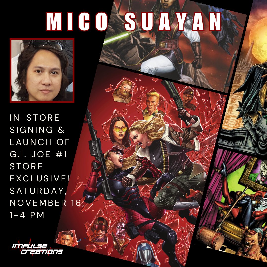 Can't make it to Tulsa for our signing with <a href="/MicoSuayan/">Mico Suayan</a> ? You can still preorder our exclusive edition of G.I. Joe #1 with Mico's gorgeous cover including a limited number of signed copies!

impulsecreations.com/collections/im…

<a href="/Williamson_Josh/">Joshua Williamson</a> <a href="/Skybound/">Skybound Entertainment</a> <a href="/ImageComics/">Image Comics</a>