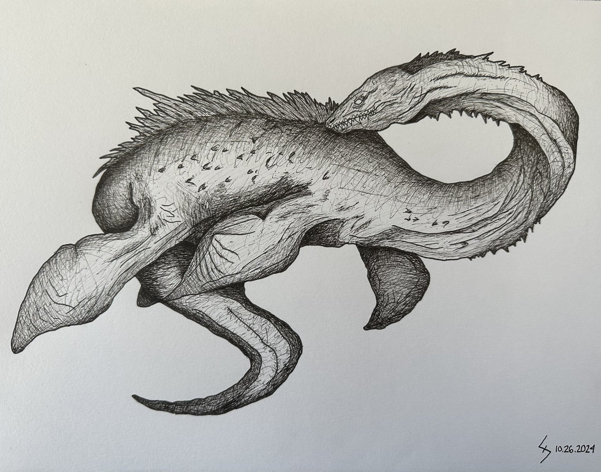 Captain_Syren's tweet photo. Day 26 of Cryptid Inktober, Loch Ness Monster, 2.5 Hours https://t.co/0CqK1pfZk0
