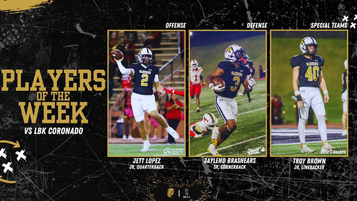 sandiefootball's tweet photo. 🌟Players of the Week - Week 8🌟

Offense - @JettLopez10 
Defense - @JaylendBrashea3 
Special Teams - Troy Brown

#KTA | #DCTEP https://t.co/JtkdKPdnXT