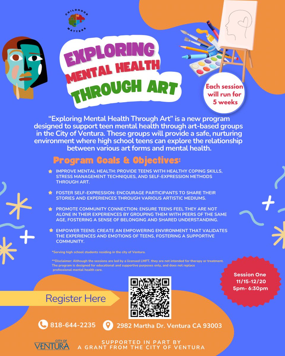 We are thrilled to announce a new program made possible by a grant from the City of Ventura: Exploring Mental Health Through Art. This high school teen group is open to Ventura residents and will start on November 15th
🔗 childhoodmatter.org/exploringmenta…