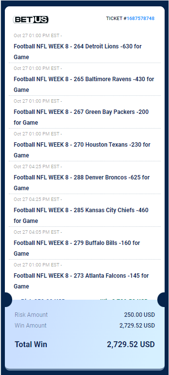 Week 8 Locks Presented by <a href="/BetUS_Official/">BetUS Sportsbook & Casino</a> !

250 to win 2700... 

Let's Eat!