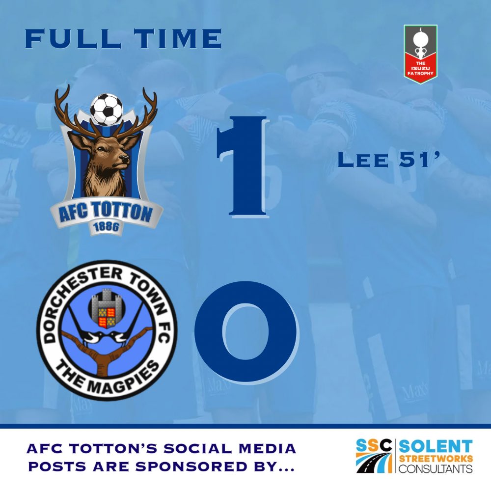 AFCTotton's tweet photo. FULL TIME 🦌🩵

The Stags clinch their place in the 2nd Round Proper of the FA Trophy following a dogged performance and victory.

After getting the goal early from Tony Lee in the second half, The Stags had to absorb a lot of pressure from the visitors, but they did it well and we are in the hat 🎩 

@solentsport @Lymingtontimes @dailyechosport @swsportsnews @SolentSportNews @DorchTownFC 

Stags Social Media sponsored by: @SolentStreetSO4 

#GoStags🦌