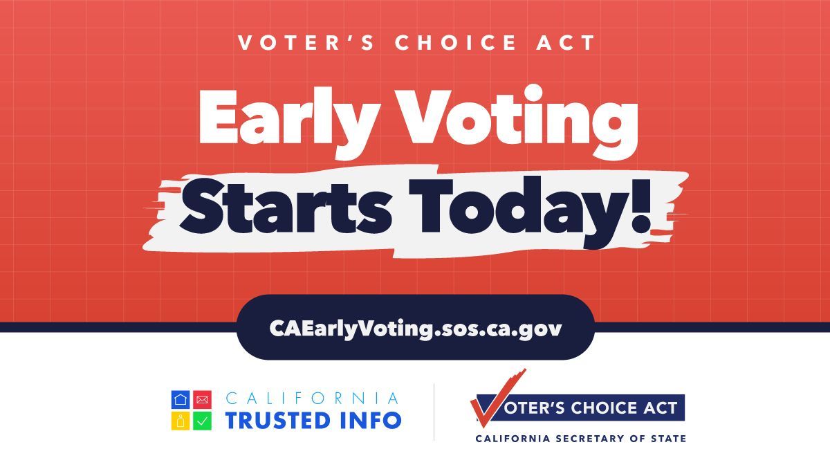 🗳️ Early Voting Starts Today!
Vote centers are open in all Voter's Choice Act counties. Don’t wait—take advantage of early voting and inform your vote at VOTE411.org.
Find your local vote center and get the info you need at CAEarlyVoting.sos.ca.gov.
#EarlyVoting #LWVC