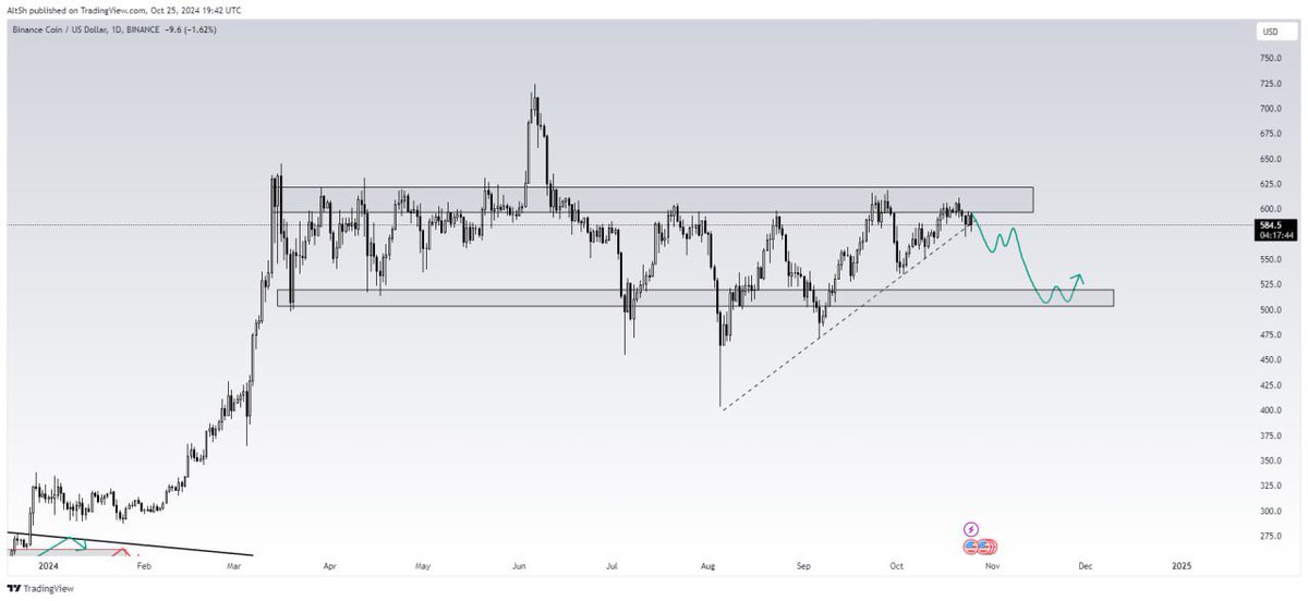 wolfoftrading7's tweet photo. $BNB 1D,

Currently retesting the very strong horizontal level of resistance, which will lead to a breakout below of the dashed uptrend. Resulting to a retest around the major support $500 soon. We fill longs from there?. https://t.co/AMqngXGHdd