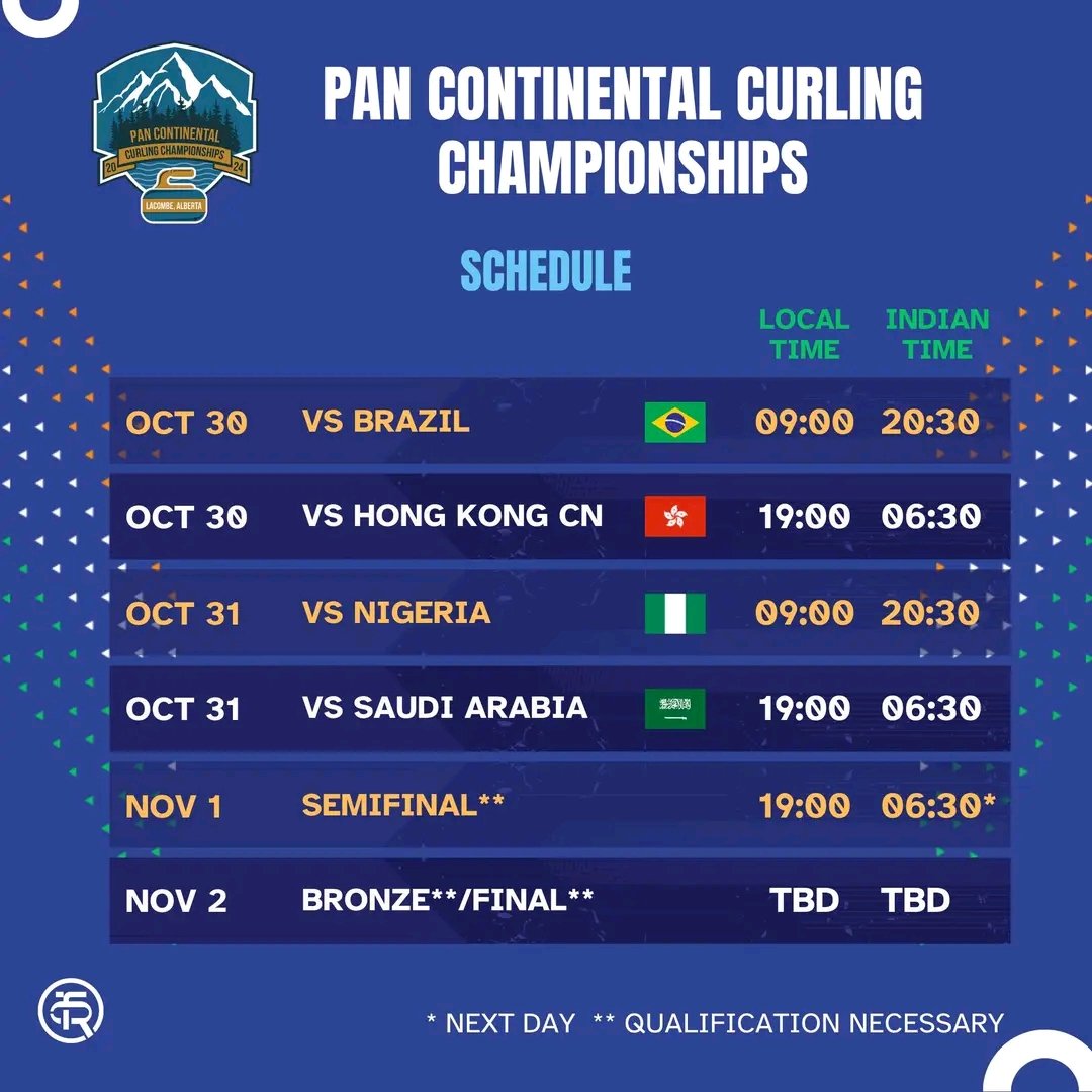 Curling Federation of India is pleased to share that Team India is ready to compete at the Pan Continental Curling Championship – B, taking place from 26 October to 2 November in Lacombe, Canada 🇨🇦