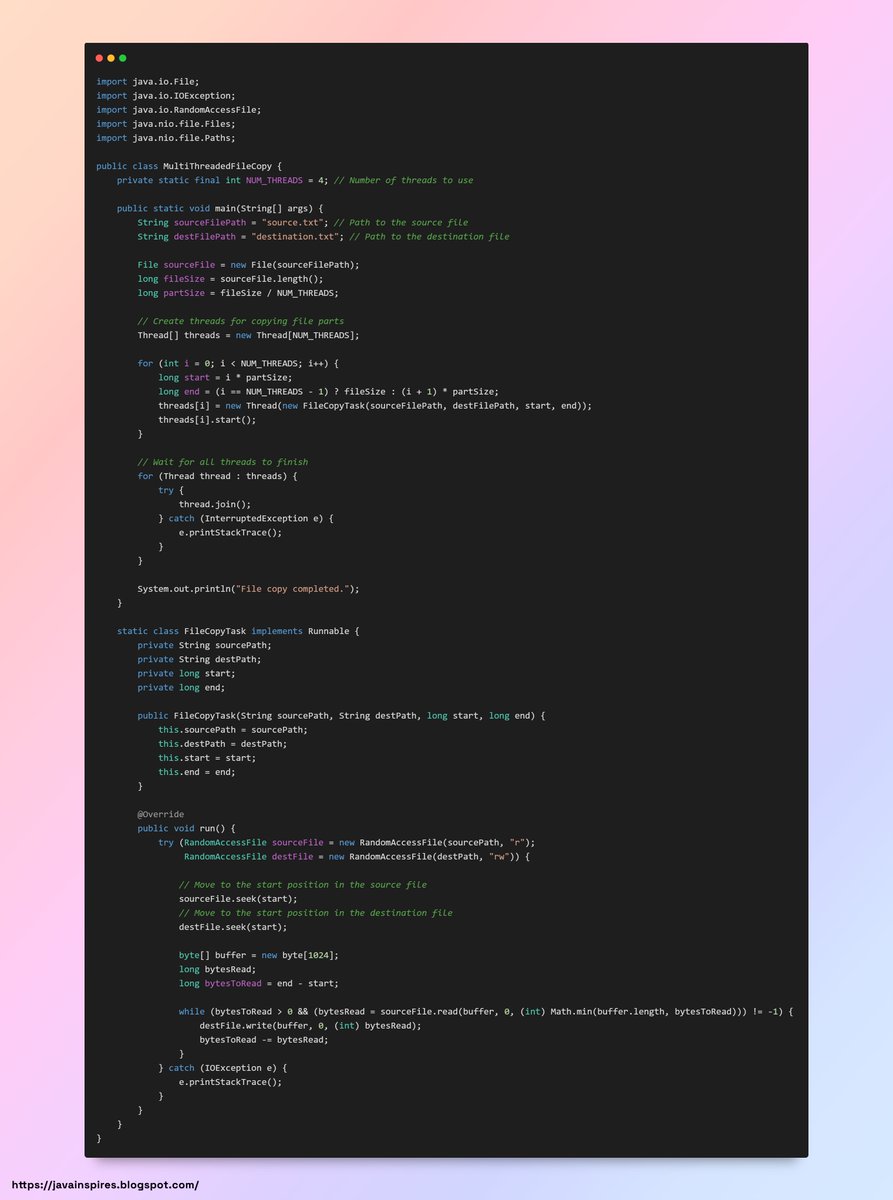 javainspires's tweet image. Java Program to Copy a File in Multiple Threads 
#JavaInspires #JavaInspires #Java #Coding