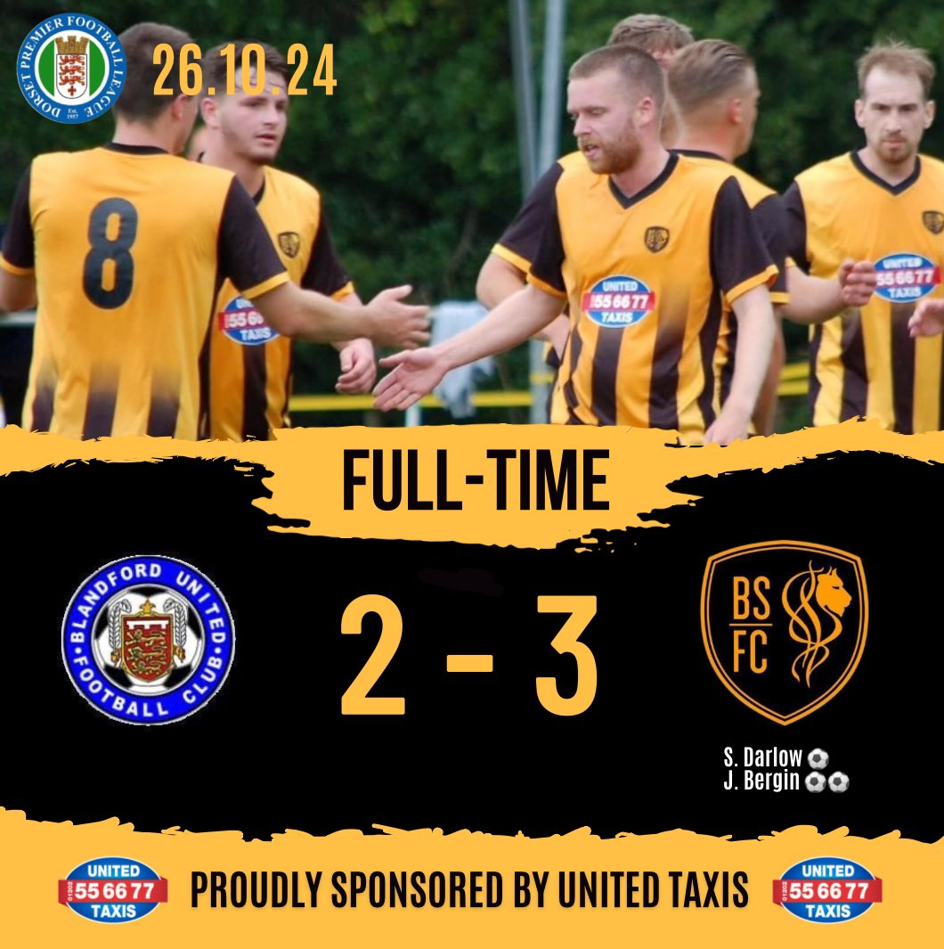 BmouthSportsFC's tweet photo. Nail biting match against @BlandfordUtdFC today but we stay unbeaten and take the 3 points. Well done Sports! 💪🏻💛🖤
@DPL_official @DorsetFootball @swsportsnews @BmthEchoSport 
@NonLeagueCrowd
Proudly sponsored by @UnitedTaxis https://t.co/rKi8yK8yAb