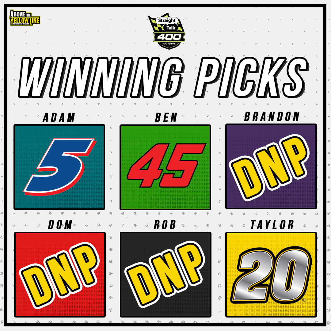 _TaylorKitchen_'s tweet photo. 🏁 The #ATYL randomized winning picks for the Straight Talk Wireless 400:

Adam: Larson
Ben: Reddick
Taylor: Bell

Who are you rooting for?

*Random picks were made prior to p/q.* https://t.co/PSHAO4Hvo9