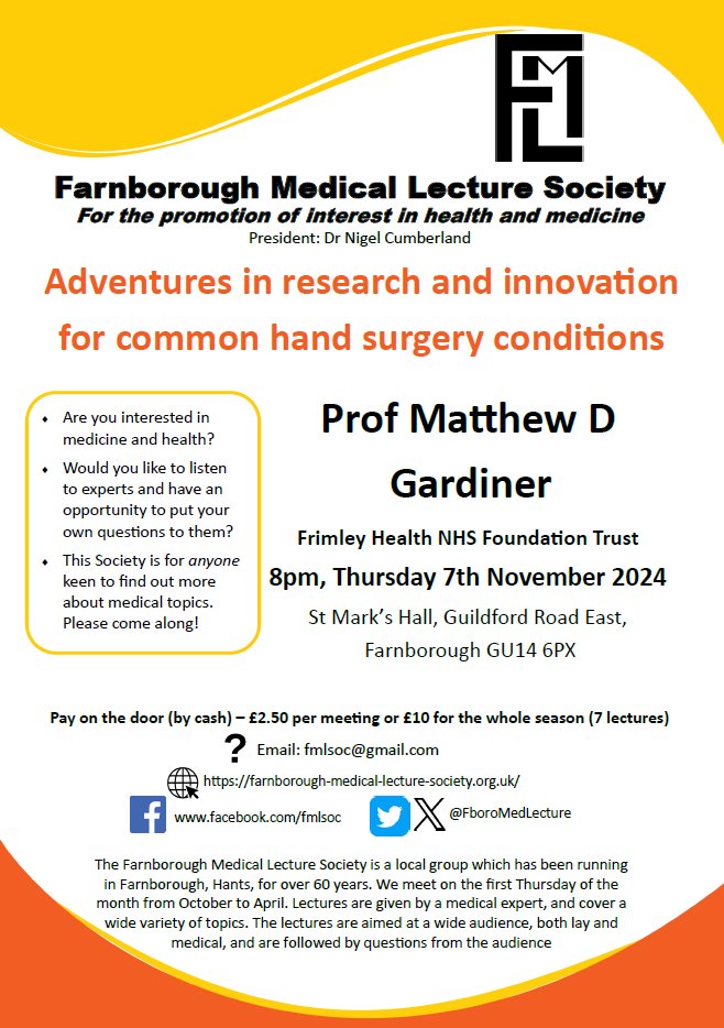 FboroMedLecture's tweet image. Join us on 7th November to hear Consultant Hand and Plastic Surgeon @mattdgardiner tell us all about 'Adventures in research and innovation for common hand surgery conditions'. We had a great start to the season last month, and you can be sure of a warm welcome!