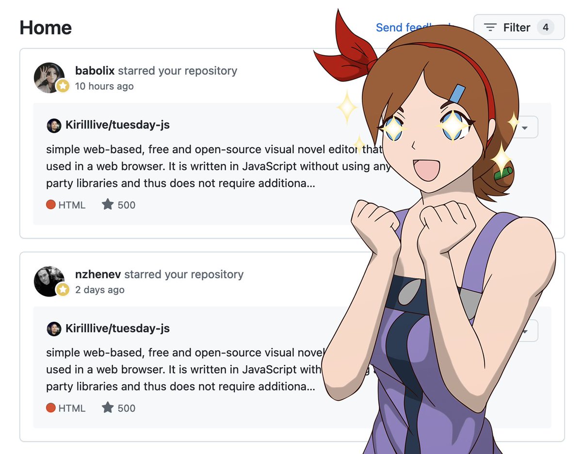 We reached 500 stars on GitHub!!!

GitHub: github.com/Kirilllive/tue…

#VisualNovel #OpenSource #Interactivefiction #ゲーム制作 #ゲーム開発 #indiegames #インディーゲーム #GitHub #ノベルゲーム