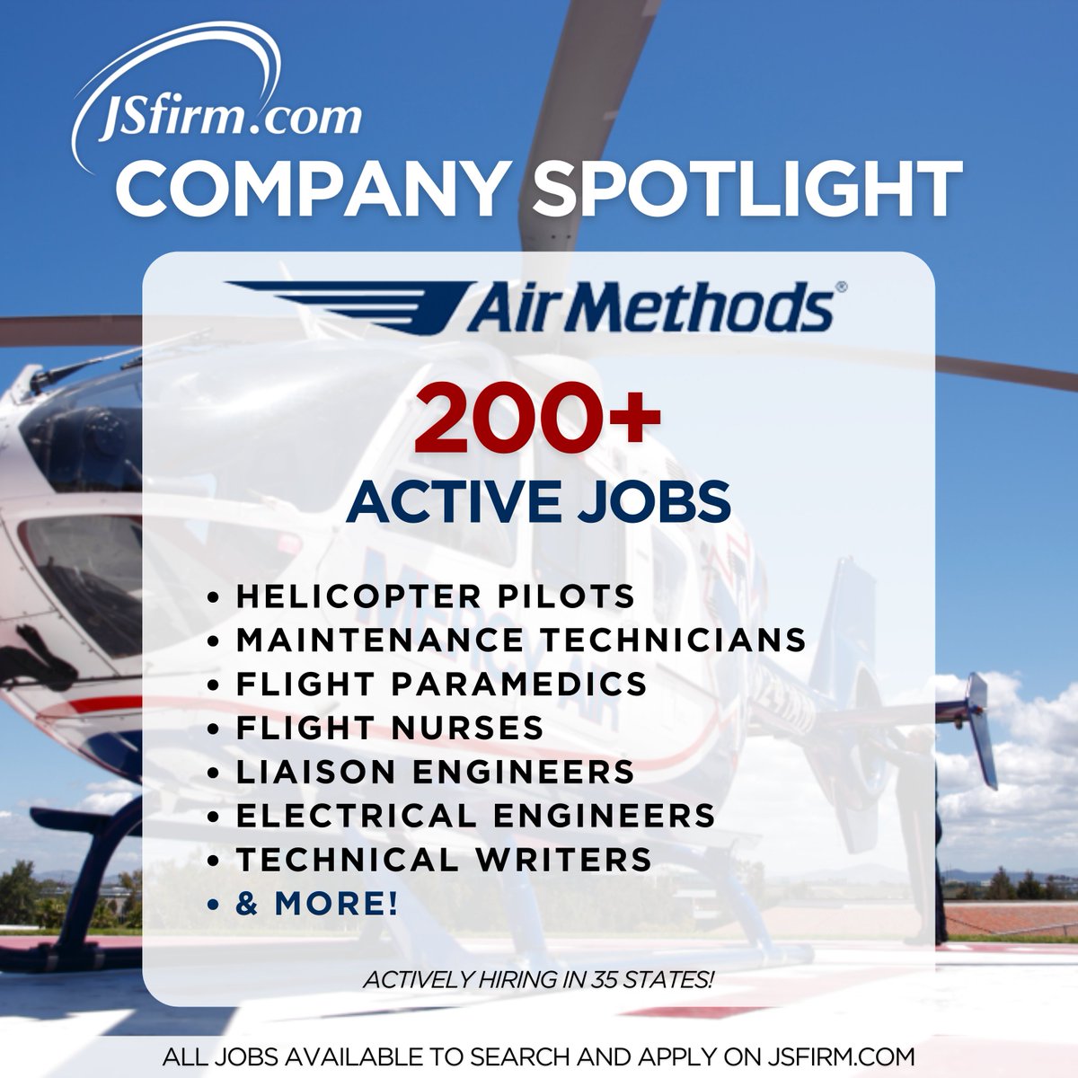 JSfirm's tweet image. ✨ JSfirm.com Company Spotlight: Air Methods! 🚁

🔗 Search and apply to all of their jobs—for free—on  today!

#FlyHire #AirMethods #AviationJobs