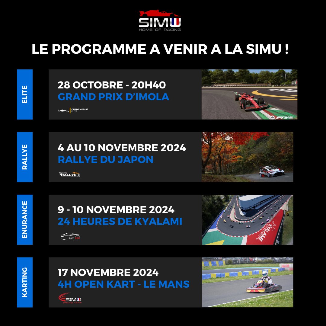 Motorsport_Simu's tweet photo. Voici le programme des semaines à venir à la Simu !

#MSimu #Simracing #HomeOfRacing https://t.co/3fZf0ljuFk