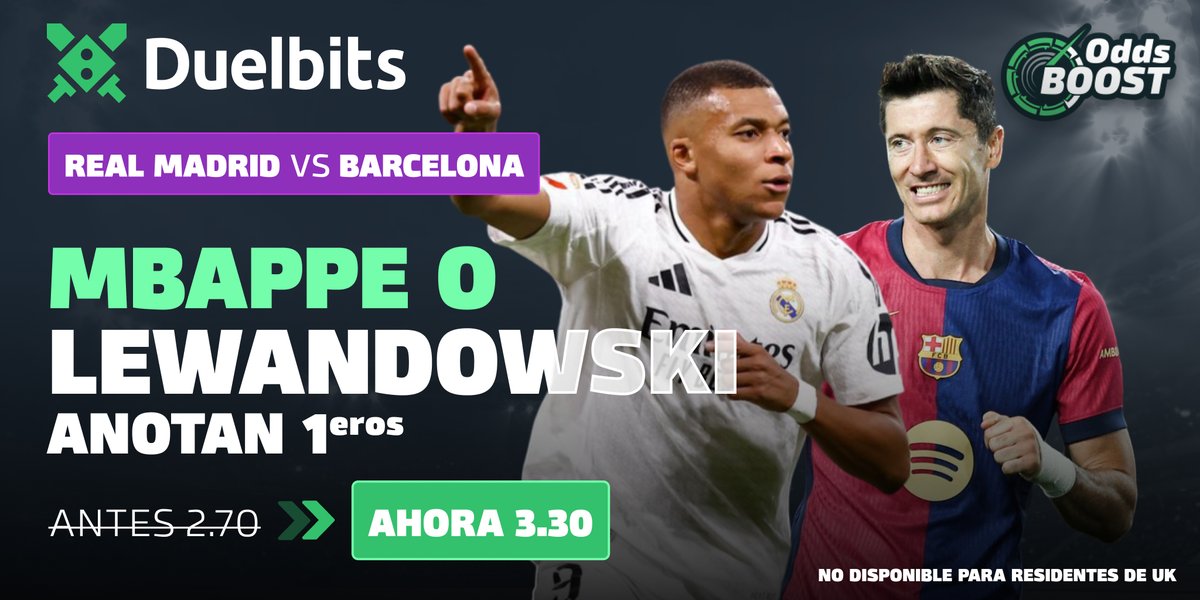 ⚽️ ¡El Clásico de LaLiga está acá! ¡Real Madrid vs Barcelona! 🥵

🔥 Mbappé o Lewandowski, ¿quién será el primero en marcar? ¡Llevate esta cuota mejorada de 3.30 y sumate a la emoción de este partidazo!

¡Apostá ahora! 🔗 duel.bz/RealMadrid-vs-…
