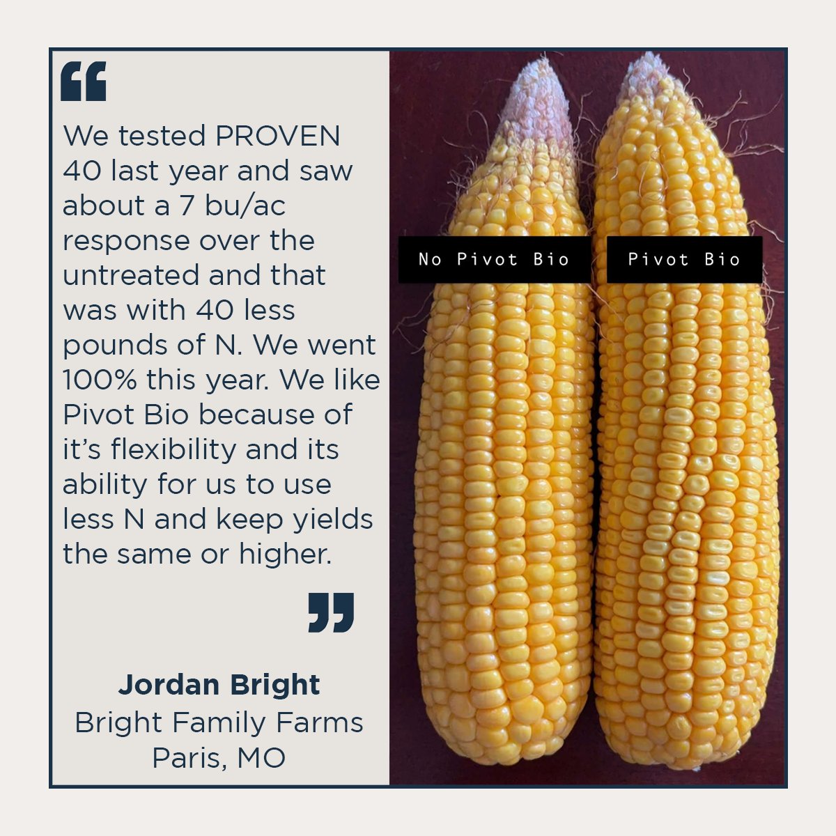 pivotbio's tweet photo. The advantage of replacing a portion of nitrogen with PROVEN 40 was staggering for Jordan at Bright Family Farms in Paris, MO. #PROVENit https://t.co/2Zaz9IIxbI