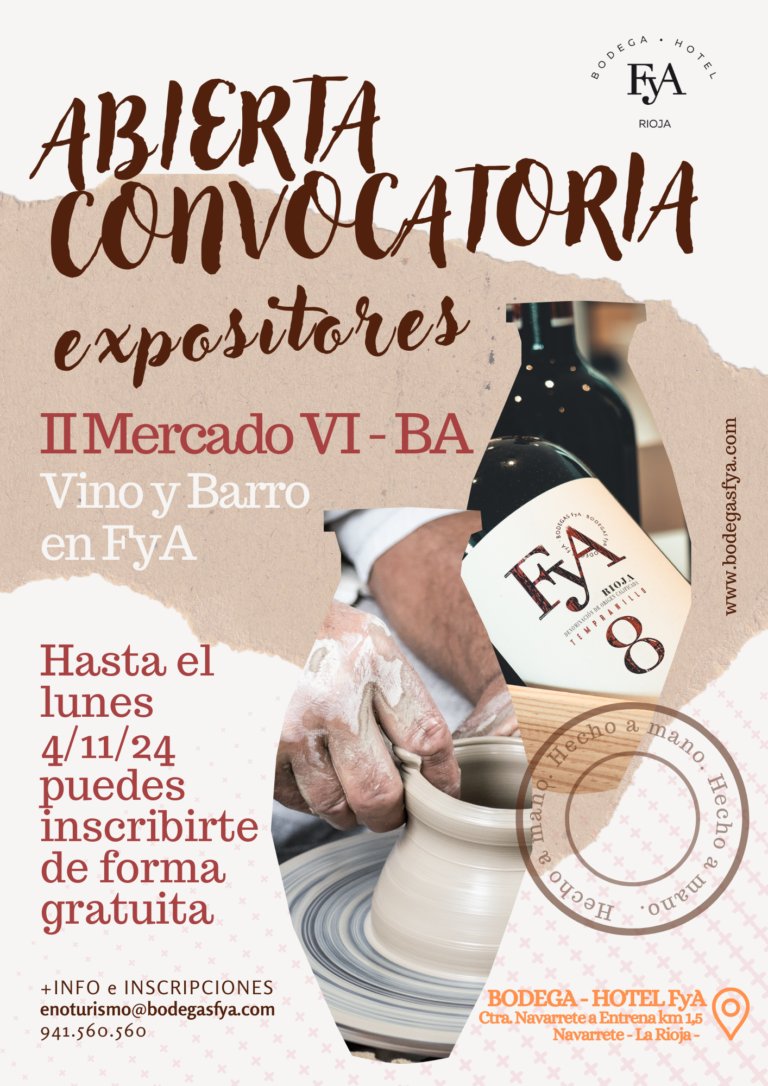 Quedan pocos días para inscribirte como expositor en nuestro 2º Mercado Vi-Ba! Hasta el lunes 4/11/24. La participación es gratuita, no tienes que pagar ningún coste por el puesto! +info > bodegasfya.com/actividades/ #mercado #larioja #bodega #hotel #bodegasFyA #artesanía #cerámica