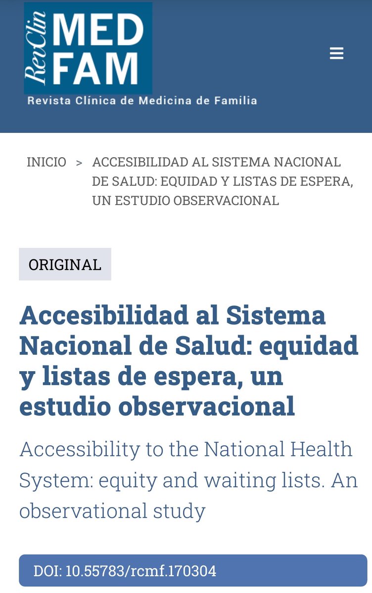 Listas de espera: Inequidad en el acceso a la atención médica para los grupos de menor estatus socioeconómico.
También para pacientes con enfermedades osteoarticulares, de salud mental y 
respiratorias
revclinmedfam.com/article/accesi… en <a href="/RevClinMedFam/">Revista Clínica de Medicina de Familia</a> <a href="/semfyc/">semFYC</a> #SegPac