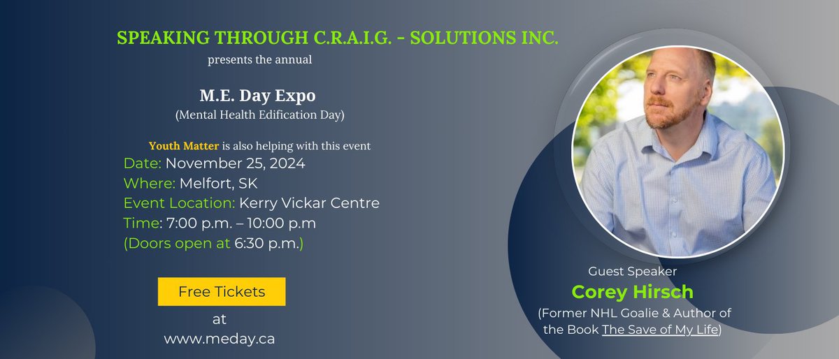 MEDayEvent's tweet photo. ME Day 2025 is less than a month away! We are excited to bring Corey Hirsch to Melfort this year. Corey is a former professional hockey goaltender and is now an advocate for mental health awareness. Get your FREE ticket at https://t.co/oXv3Bab9zG https://t.co/35QKQMegU1