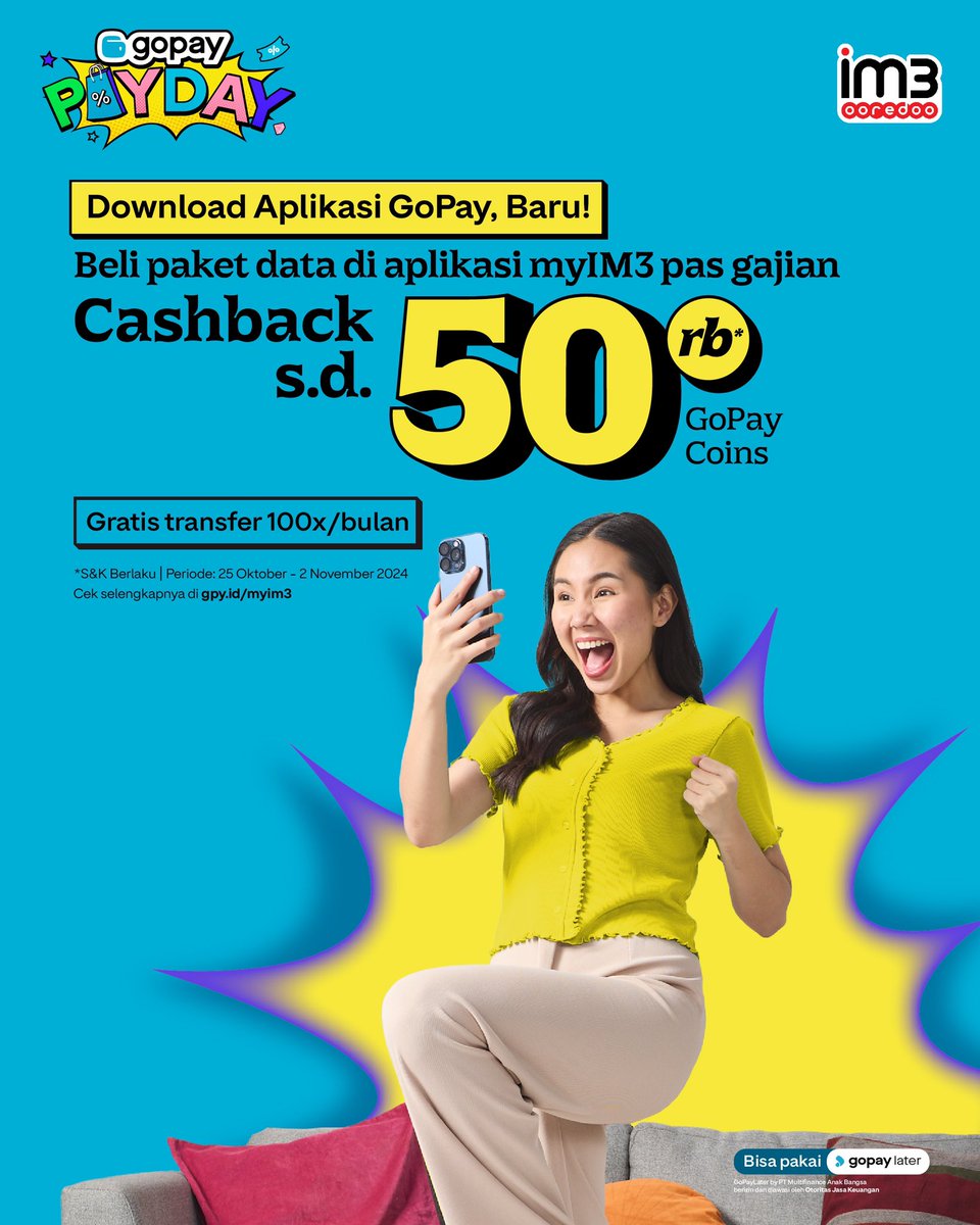gopayindonesia's tweet photo. Beli paket data jadi lebih hemat di #GOPAYPAYDAY! 🥳🥳🥳

Ada CASHBACK hingga 50% yang bisa kamu dapetin, buat beli paket data apa aja kalo bayarnya pakai aplikasi GoPay.

Syarat dan ketentuan berlaku. Cek info lengkapnya di https://t.co/mTK36VE1Lc https://t.co/OwtFolrgR1