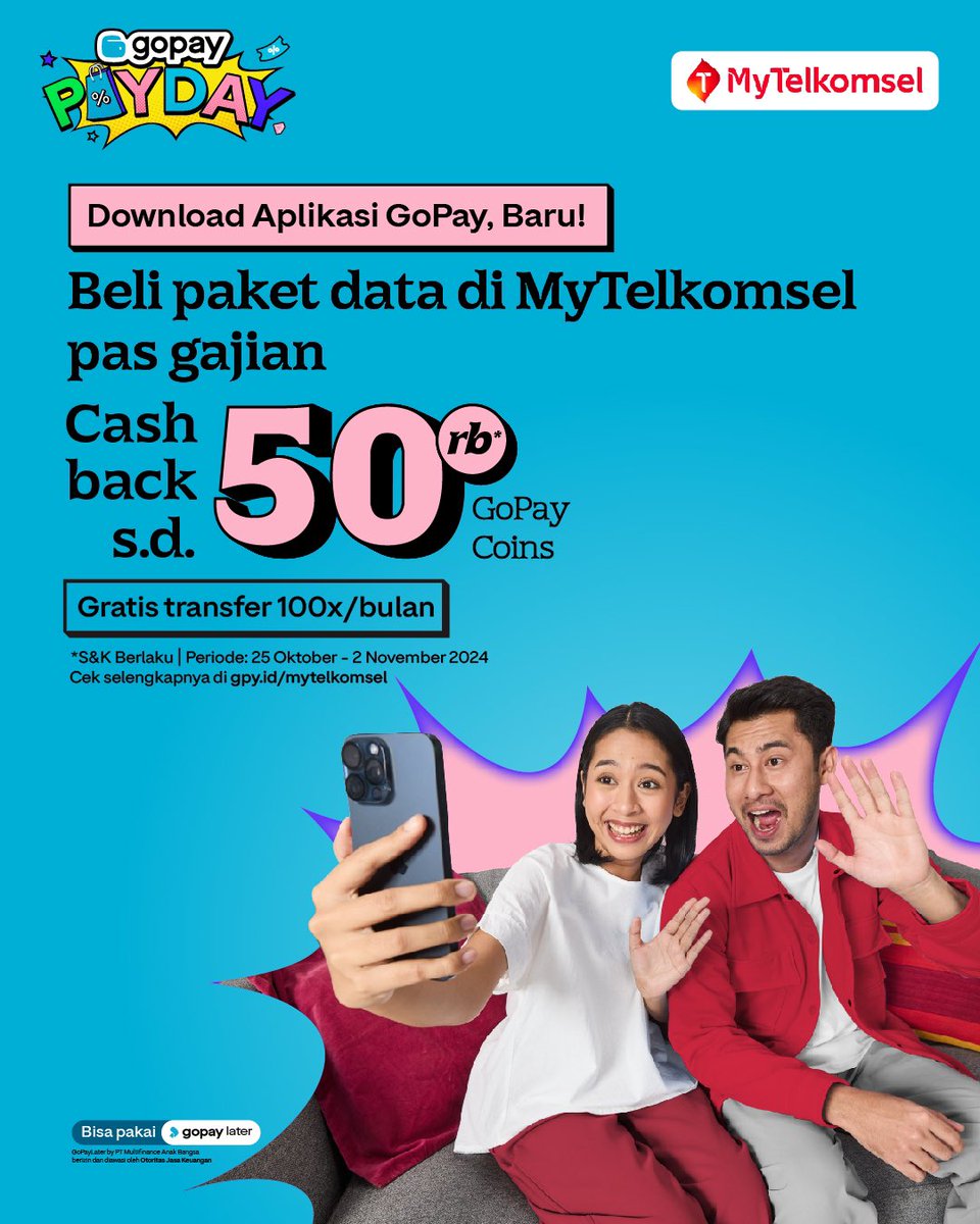 gopayindonesia's tweet photo. Beli paket data jadi lebih hemat di #GOPAYPAYDAY! 🥳🥳🥳

Ada CASHBACK hingga 50% yang bisa kamu dapetin, buat beli paket data apa aja kalo bayarnya pakai aplikasi GoPay.

Syarat dan ketentuan berlaku. Cek info lengkapnya di https://t.co/mTK36VE1Lc https://t.co/OwtFolrgR1