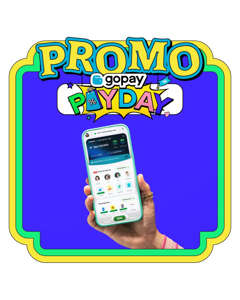 gopayindonesia's tweet photo. Beli paket data jadi lebih hemat di #GOPAYPAYDAY! 🥳🥳🥳

Ada CASHBACK hingga 50% yang bisa kamu dapetin, buat beli paket data apa aja kalo bayarnya pakai aplikasi GoPay.

Syarat dan ketentuan berlaku. Cek info lengkapnya di https://t.co/mTK36VE1Lc https://t.co/OwtFolrgR1