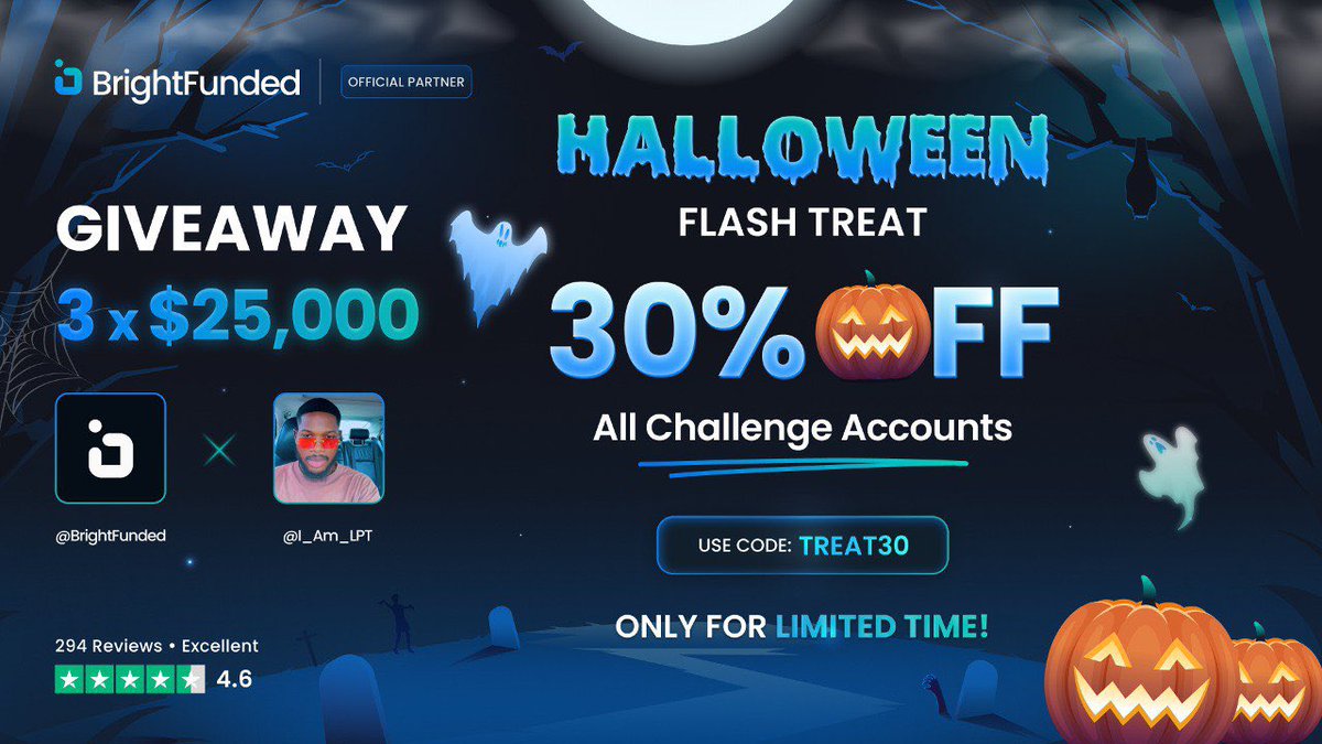 HALLOWEEN GIVEAWAY

In honor of BrightFunded's 30% OFF Halloween Promotion, we are hosting a GIVEAWAY! BrightFunded is the Prop Firm known for the Fastest Payouts in the industry! 🎃

3 x $25,000 GIVEAWAY

1. Follow 
<a href="/BrightFunded/">BrightFunded</a> <a href="/I_Am_LPT/">iamlpt_forex</a> 
2. Like and RT
3. Tag 3 friends