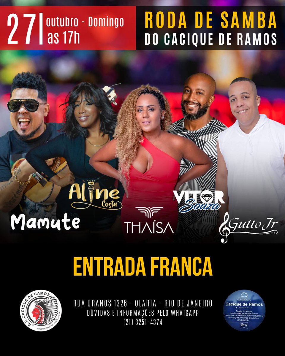 caciqueoficial's tweet image. Domingo teremos a nossa roda de samba do Cacique!

Contaremos com a presença dos artistas: Mamute, Aline Costa, Thaísa, Vitor Souza e Guto Jr.

Cheguem cedo e garantam o melhor lugar pra curtir a melhor roda de samba do mundo! 

#caciquederamos
#sambaraiz