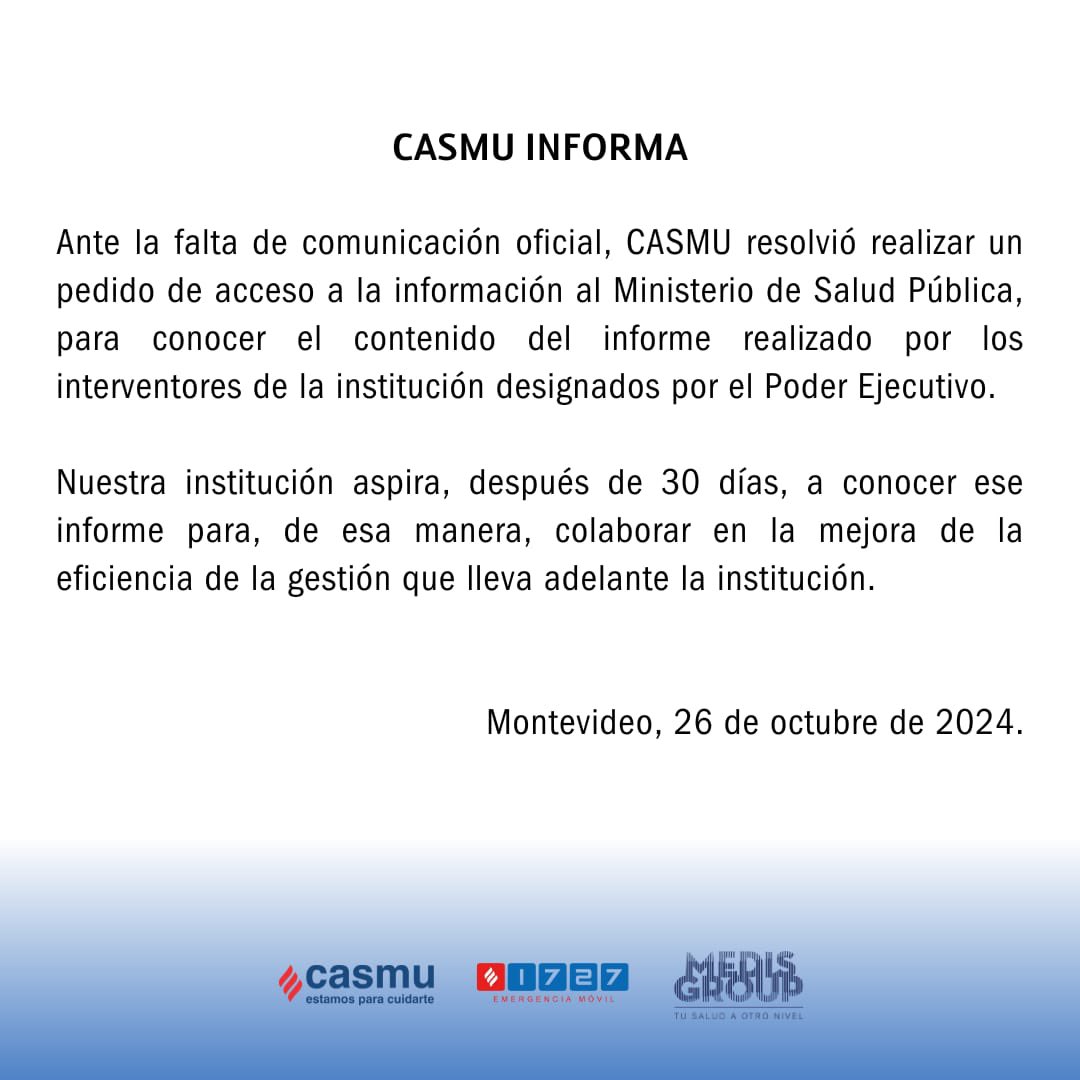 Casmu (@casmuoficial) on Twitter photo CASMU INFORMA:
Ante la falta de comunicación oficial, CASMU resolvió realizar un pedido de acceso a la información al <a href="/MSPUruguay/">Ministerio de Salud Pública – Uruguay</a>. CASMU INFORMA:
Ante la falta de comunicación oficial, CASMU resolvió realizar un pedido de acceso a la información al <a href="/MSPUruguay/">Ministerio de Salud Pública – Uruguay</a>.