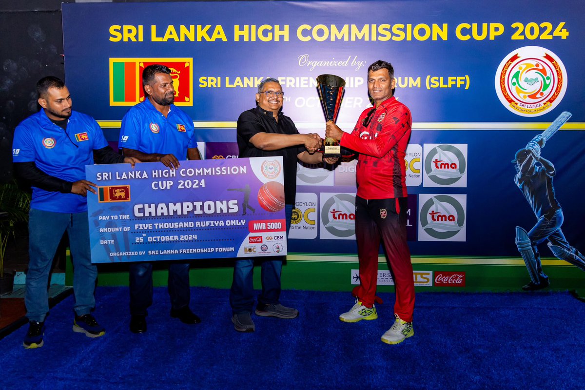 LMudalige's tweet photo. 🏏*Sri Lanka High Commission Cup 2024 Concludes with Grand Success*

Malé, Maldives – October 25, 2024:

*The Sri Lanka High Commission Cup 2024*, organized by the Sri Lanka Friendship Forum of Maldives, affiliated with the Sri Lanka High Commission in the Maldives, concluded on a high note, bringing together 16 talented Sri Lankan teams for an exciting day of cricket, camaraderie, and community spirit.

This much-anticipated tournament was about more than just cricket. It united the Sri Lankan community in the Maldives and fostered friendships while celebrating the shared love for the sport. Players gave their best on the field, with thrilling matches leading to an unforgettable final.

The tournament saw lively participation from players and enthusiastic support from the community. At the awards ceremony, Ranga Goonawardena, High Commissioner of Sri Lanka to the Maldives and Chairman of the Friendship Forum, along with Dr. Mohamed Faizeen, President of the Sri Lanka Friendship Forum, presented trophies and prizes to the champions and runners-up, recognizing their exceptional performances.

“I am incredibly proud of what we achieved through this tournament. It was heartening to see such passionate participation from our community, and I look forward to organizing many more events like this in the future,” said High Commissioner Ranga Goonawardena during the award presentation.

The event also offered a vibrant atmosphere with activities for families, food stalls, and music, creating a festive day for everyone in attendance.

This successful tournament marks just the beginning of more such initiatives by the Sri Lanka Friendship Forum to bring the community together through sports and cultural activities.

#SriLankaHighCommissionCup2024 #CricketInMaldives #CommunitySpirit #UnityThroughSports #SriLanka #Maldives #HighCommissioner #RangaGoonawardena #Ranga