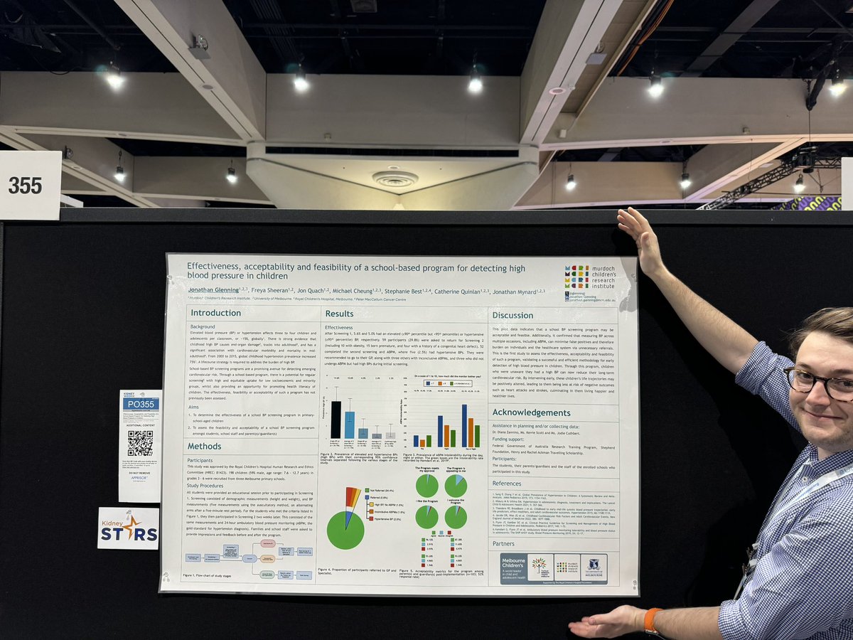 Jonathan Glenning (@glenningj) on Twitter photo Come down to Poster 355 at <a href="/ASNKidney/">American Society of Nephrology</a> #KidneyWk 2024 from 10am-12pm to hear all about our work on childhood BP screening and preventing CKD/CVD later in life!
<a href="/KidneyCathy/">Cathy Quinlan #KidneyWk</a> <a href="/drjosflynn/">𝐉𝐨𝐬𝐞𝐩𝐡 𝐅𝐥𝐲𝐧𝐧, 𝐌𝐃</a> <a href="/NephJC/">Nephrology Journal Club</a> <a href="/kidney_boy/">Joel M. Topf, MD FACP</a> <a href="/MCRI_for_kids/">Murdoch Children's Research Institute (MCRI)</a> <a href="/UniMelbMDHS/">UniMelb MDHS</a> <a href="/RCHMelbourne/">The Royal Children's Hospital, Melbourne</a> <a href="/jonathanmynard/">Jonathan Mynard</a> Come down to Poster 355 at <a href="/ASNKidney/">American Society of Nephrology</a> #KidneyWk 2024 from 10am-12pm to hear all about our work on childhood BP screening and preventing CKD/CVD later in life!
<a href="/KidneyCathy/">Cathy Quinlan #KidneyWk</a> <a href="/drjosflynn/">𝐉𝐨𝐬𝐞𝐩𝐡 𝐅𝐥𝐲𝐧𝐧, 𝐌𝐃</a> <a href="/NephJC/">Nephrology Journal Club</a> <a href="/kidney_boy/">Joel M. Topf, MD FACP</a> <a href="/MCRI_for_kids/">Murdoch Children's Research Institute (MCRI)</a> <a href="/UniMelbMDHS/">UniMelb MDHS</a> <a href="/RCHMelbourne/">The Royal Children's Hospital, Melbourne</a> <a href="/jonathanmynard/">Jonathan Mynard</a>