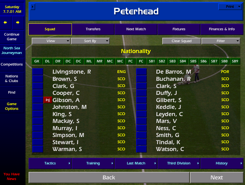 So we start in Scotland. The North Sea is a matter of metres away from Peterhead's Balmoor Stadium.

Non-natives Richard Livingstone and Marco De Barros are both eligible to play during my time here given I inherited them both, but any new signings must be Scottish.