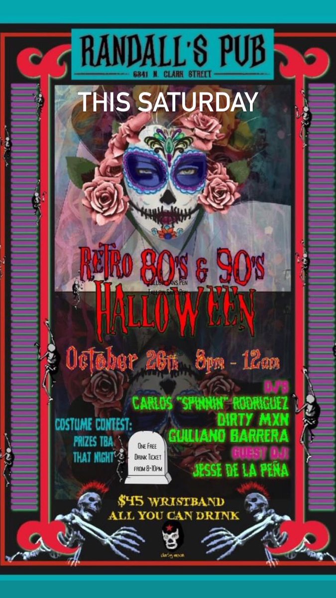 jessedelapena's tweet photo. Tonight! Saturday 10/26

A special Retro Halloween event happening Randall’s Pub!! 80s & 90s 

DJs DJ Dirty MXN , Guilliano Barrera, Carlos Rodriguez + Jesse De La Pena, Halloween Costume Contest

Randalls Pub 6341 N Clark Street (Clark near Devon) 8pm-12am Edgewater #StrictlyWax #JDLP