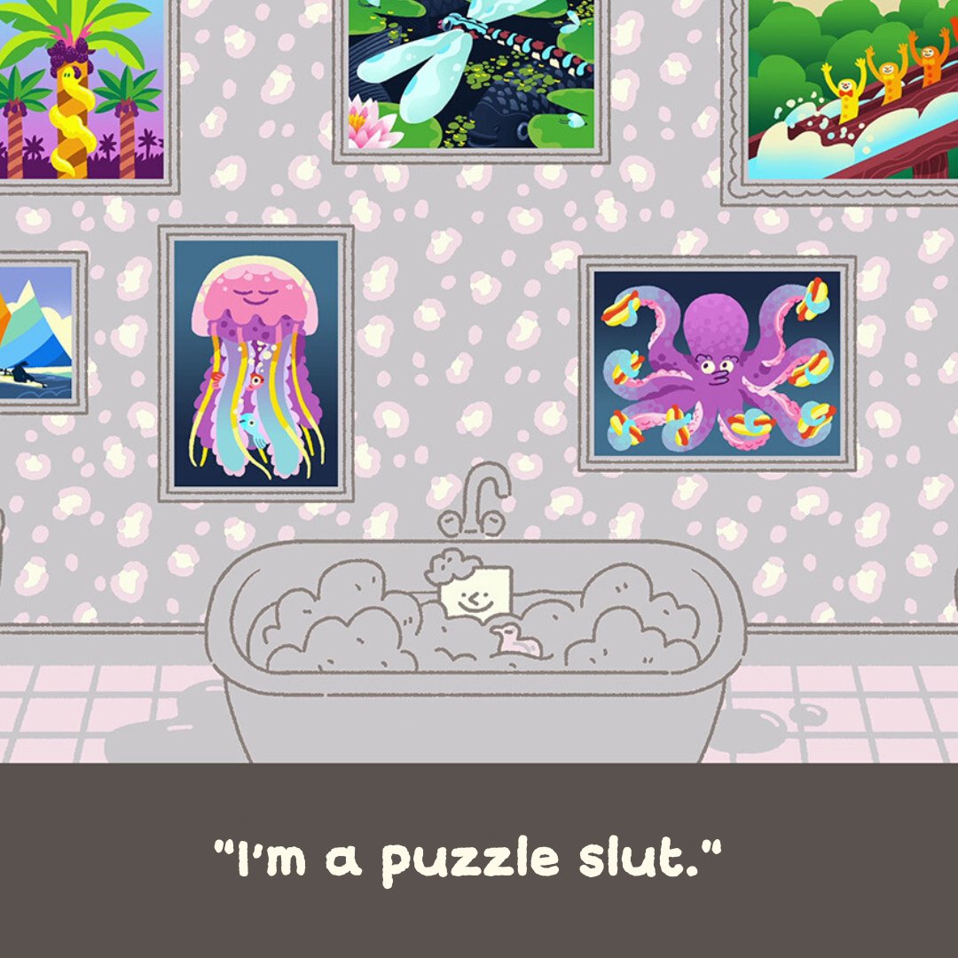 Happy #screenshotsaturday here's Wilmot relaxing in his bathtub + his new favorite Steam review. 

If you are also a puzzle slut, you should try Wilmot Works it Out - it's out now!