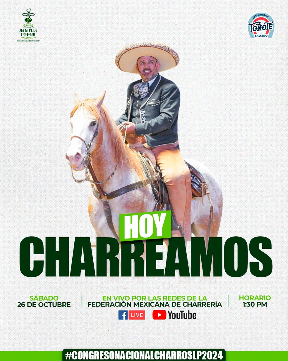 TonoTSalcedo's tweet photo. Junto al equipo de Rancho El Pitayo, hoy iniciamos nuestra participación en el #CampeonatoNacionalCharroSLP2024 🏆

Los invito a seguir la transmisión a través de las redes oficiales de la @FMCharreria 

Sigan disfrutando del deporte más mexicano 🤠

#PresidenteFMCH 🇲🇽 https://t.co/12fhWtFWF4
