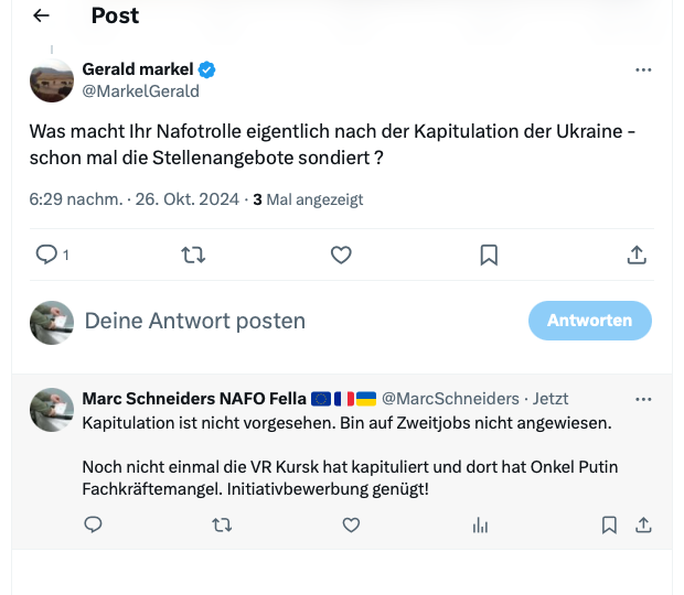 MarcSchneiders's tweet photo. Jetzt wird dieser #PutinFan langsam sickig auf mich!
@ Merkel Gerald
#NAFOfellas
#NAFOArticle5 https://t.co/63cs3IjNzW
