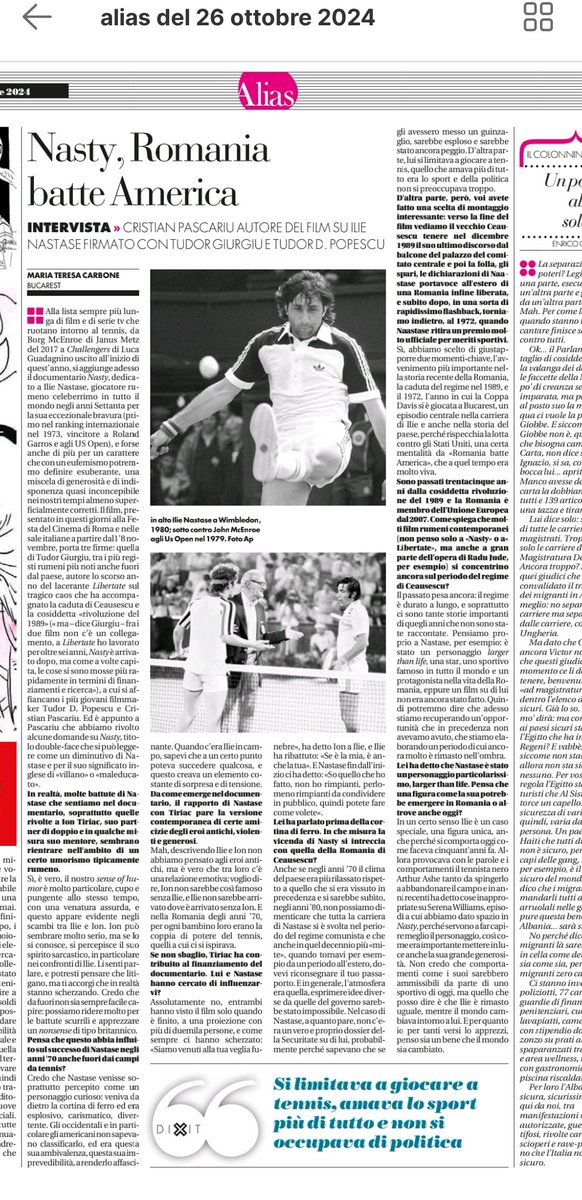 Maria Teresa Carbone (@mtcarbone) on Twitter photo "Quando c'era Ilie in campo, sapevi che a ogni momento poteva succedere qualcosa"
Su Alias <a href="/ilmanifesto/">il manifesto</a> la mia intervista a Cristian Pascariu, regista con Tudor Giurgiu e Tudor Popescu di Nasty, il doc su Ilie Nastase presentato alla Festa del Cinema
ilmanifesto.it/tudor-giurgiu-… "Quando c'era Ilie in campo, sapevi che a ogni momento poteva succedere qualcosa"
Su Alias <a href="/ilmanifesto/">il manifesto</a> la mia intervista a Cristian Pascariu, regista con Tudor Giurgiu e Tudor Popescu di Nasty, il doc su Ilie Nastase presentato alla Festa del Cinema
ilmanifesto.it/tudor-giurgiu-…