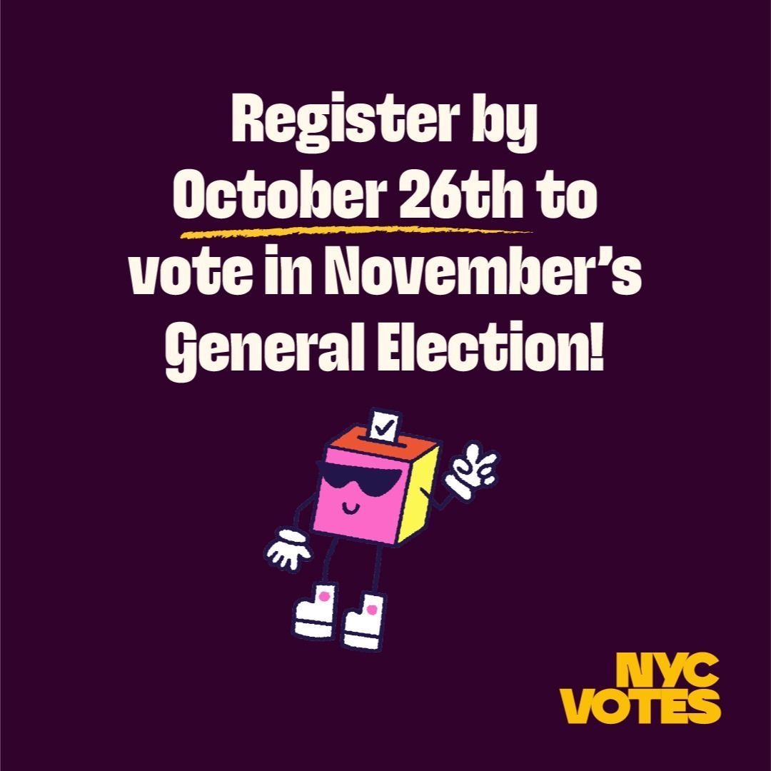 QPLNYC's tweet image. ➡️ Reminder: the deadline to #RegisterToVote in New York is Saturday, October 26! 

➡️ Oct. 26 is also the deadline to request an #AbsenteeBallot online or by mail. 

➡️ Register Online: vote.nyc/page/register-… 

#GoVoteNYC