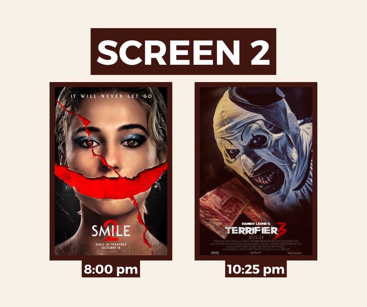 vintagedrivein's tweet photo. 🎥 The following features will run Friday 10/25 - Sunday 10/27:

Screen 1:
- Venom: The Last Dance (PG-13) - 8:00 pm 
- Deadpool and Wolverine (R) - 10:00 pm

Screen 2: 
- Smile 2 (R) - 8:00 pm
- Terrifier 3 (NR) - 10:25 pm

Screen 3:
- Hocus Pocus (PG) - 8:00 pm  
- Nightmare... https://t.co/JN6BbDZbKv