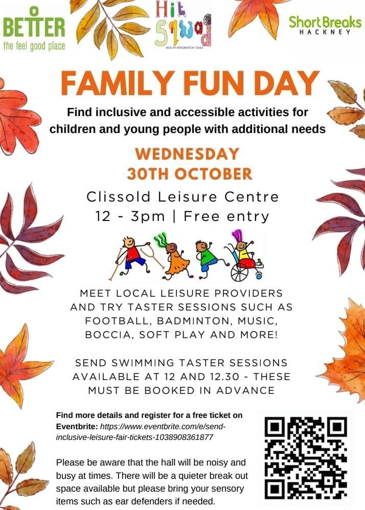 Check out the SEND Inclusive Leisure Fair to discover inclusive activities and services in Hackney! 🎉
🗓️ Date: Wednesday, 30 October 2024
⏰ Time: 12:00 PM – 3:00 PM
📍 Location: Clissold Leisure Centre, 63 Clissold Road, London, N16 9EX
More info here: buff.ly/3BWFfkx