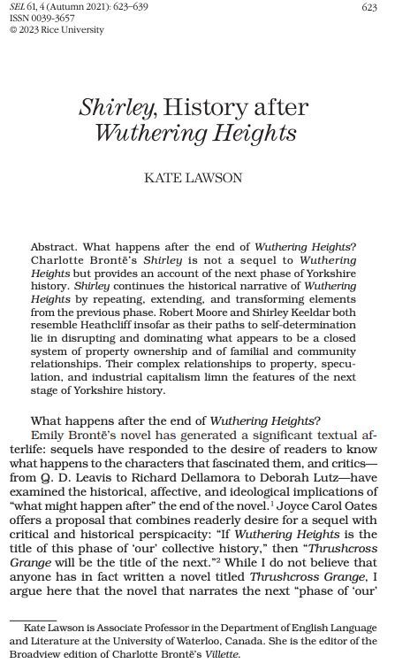 #OTD in 1849, Charlotte Bronte's novel Shirley is published. <a href="/LawwsonKate/">Kate Lawson</a> reads the novel as a sequel not to Wuthering Heights but to the historical narrative of Yorkshire, a history of labor and struggle. Read on in SEL 61.4 <a href="/ProjectMUSE/">Project MUSE</a> bit.ly/3A350iF