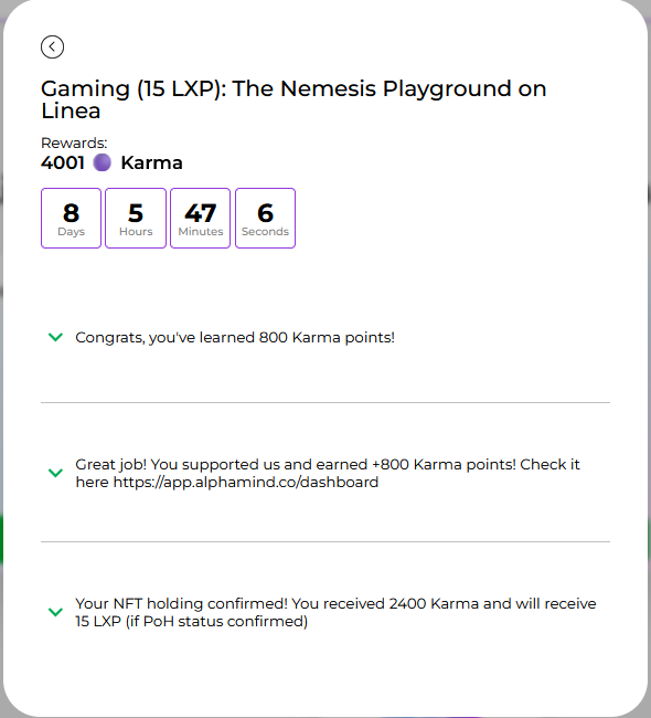 CoinOneriCom's tweet photo. Şimdi de son 15 LXP alacağımız görevi yapacağız.

1- Üçüncü kutucuğa tıklayarak Nemesis oyunu hakkında bilgileri öğrenip kısa quizi tamamlayın.
2- Nemesis oyununa girin gmail ile hesap oluşturup devam edin. İlk oyunu seçip Linea Küp lerini toplayın. İlk seriyi geçmeniz yeterli...

3- Go to Cards > Specials > Coupons > AlphaMind Tıklayın 
Buradan DROP NFT diyerek NFT yi ücretsiz cüzdanınıza mintleyin..