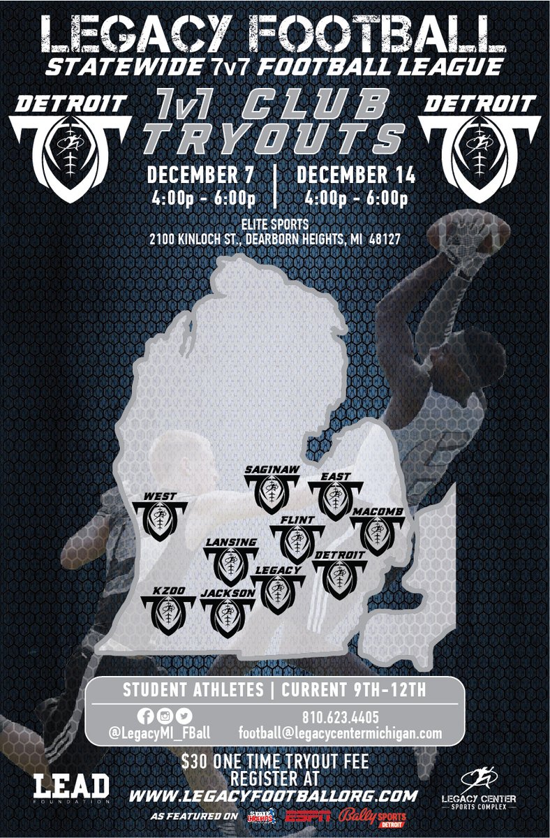 Legacy 7v7 Statewide League Tryouts
🧊REP YOUR CITY 🧊
Team: DETROIT
Date: December 7 &amp; 14
Time: 4pm-6:00pm
Location: Elite Sports
Age: Current 9th- 12th Graders

register @ tinyurl.com/legacydet7v7

@legacydetroitmi <a href="/LegacyLouAdams/">Louis Adams</a> <a href="/Legacy_Recruit/">Legacy Recruiting</a> <a href="/gamebreakerhg/">GameBreaker</a>

#Legacy
