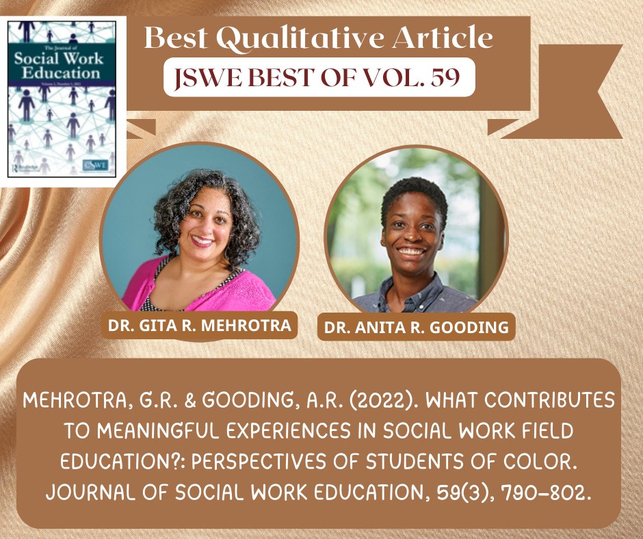 Congratulations to Dr. Gita Mehrotra and Dr. Anita Gooding on having their article deleted as the Best JSWE Qualitative Article of Vol. 59! Come join them in celebrating this evening at the JSWE Reviewer Appreciation Reception from 6-9! <a href="/CSocialWorkEd/">CSWE</a> #CSWE2024