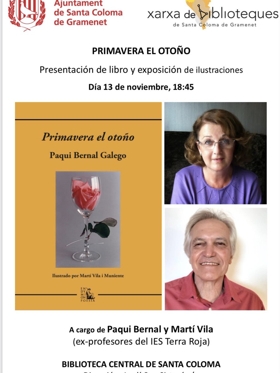 _PaquiBernal's tweet photo. El día 13 Martí Vila y yo volvemos a #SantaColoma para presentar nuestro poemario ilustrado. Nos encantaría reencontrarnos con nuestros ex-alumnos del #IESTerraRoja Nos ayudáis?Un alumnado especial,muy consciente del esfuerzo de sus padres…#Libros #primaveraelotoño @EdiEndymion https://t.co/2IK9sjuj9p