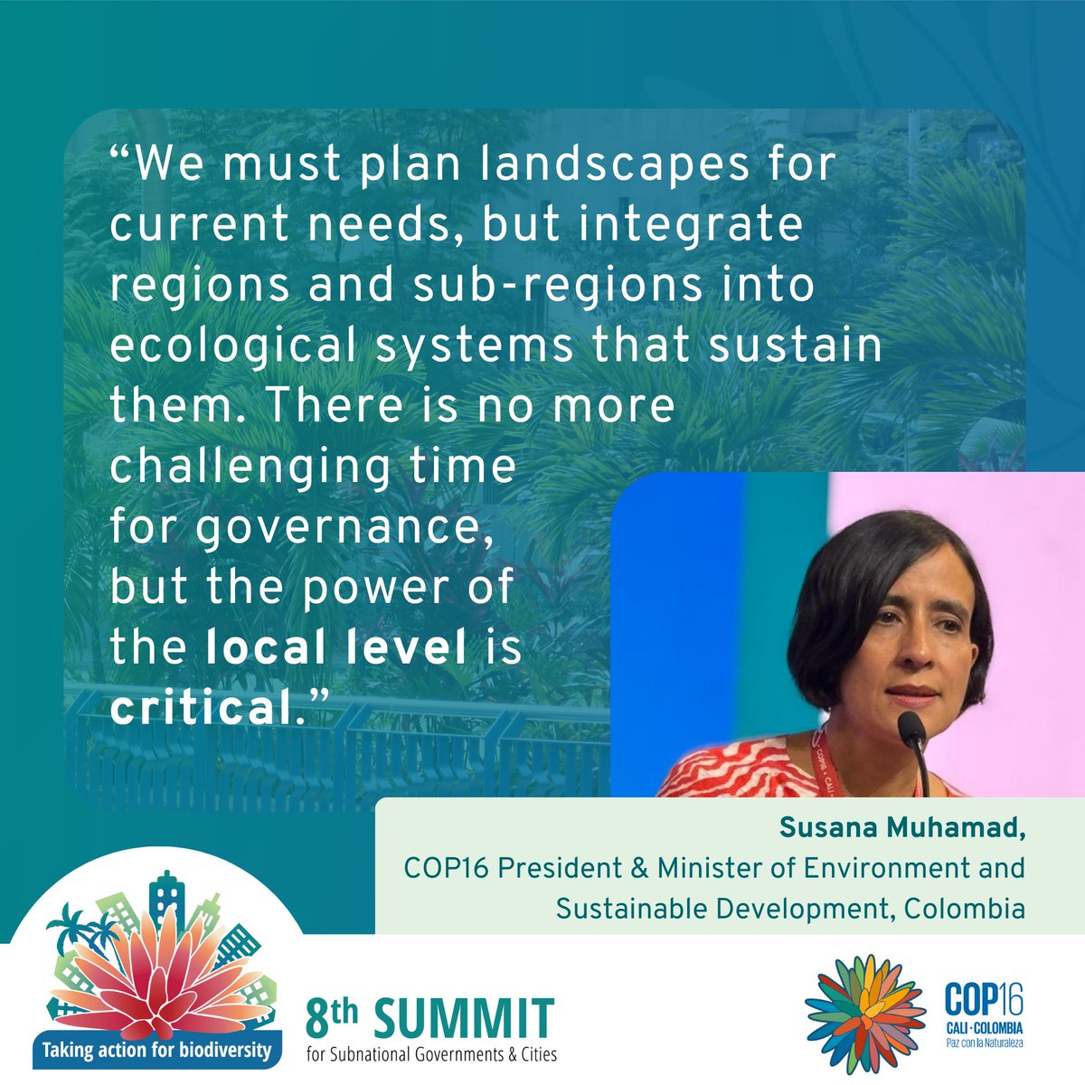 #8thSummitCOP16 at #COP16Colombia 🌍🏙️ In making peace with nature, the role of subnational governments needs to be recognised. 

Speaking at the Summit, <a href="/susanamuhamad/">Susana Muhamad</a> said: 
Our call today is to open our minds and hearts to ask the difficult questions.
