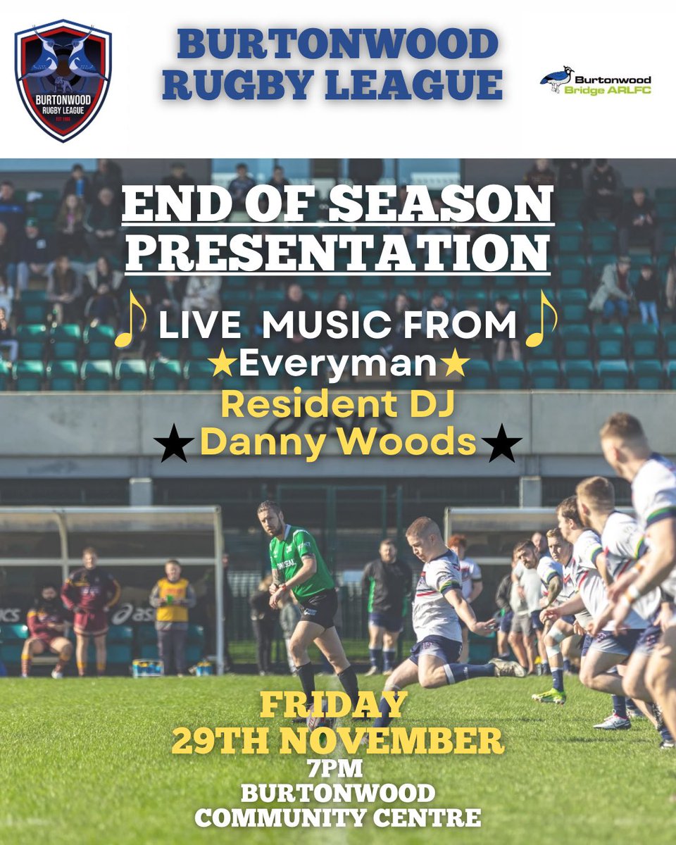 🏆Presentation Night🏆

The Bridge and Force would like to invite you to our end of season presentation night! 
Come down to support the Open Age and Touch team of Burtonwood Rugby League and join us for some pints, pies and tunes 🍺🥧🎶
