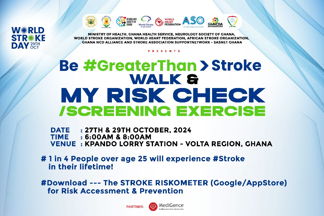 CVD and Stroke are the leading causes of death &amp; disability globally. Be Physically Active to prevent a Stroke Be#GreaterThan>Stroke
Join the Walk tomorrow 🇬🇭
<a href="/WStrokeCampaign/">WorldStrokeCampaign</a> <a href="/mohgovgh/">Ministry of Health, Ghana</a> <a href="/_GHSofficial/">Ghana Health Service</a> <a href="/worldheartfed/">World Heart Federation</a> <a href="/AfricanStroke/">African Stroke Organization(ASO)</a> <a href="/GhanaNcd/">Ghana NCD Alliance</a> <a href="/ghbeatstroke/">Stroke Association Supportnetwork-Ghana(SASNETGH)</a> <a href="/NeurologyGhana/">Neurology Society of Ghana</a>