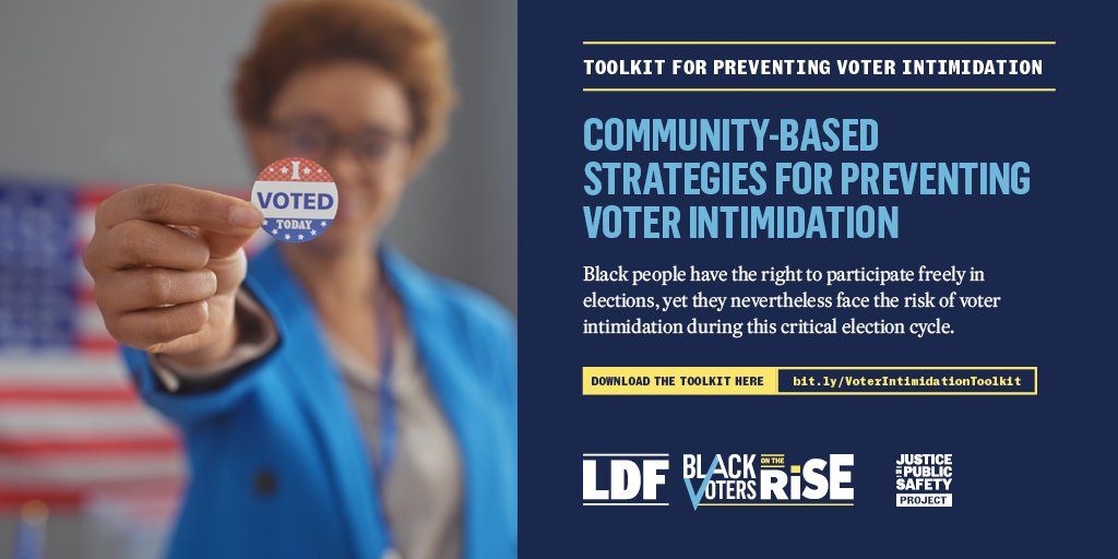 NAACP_LDF's tweet photo. Law enforcement presence at the polls can intimidate Black voters and deter them from casting a ballot.

Our toolkit can help Black communities develop their own community-driven approaches to prevent or address potential voter intimidation: https://t.co/ZG9GCv1YHw https://t.co/dxt4pbcjMI