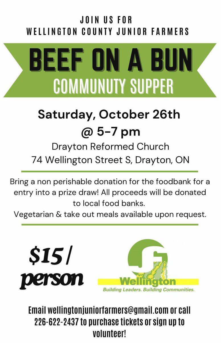 Got plans for supper tonight? How about taking a night off from cooking and supporting local food banks!

Wellington JF is hosting a beef on a bun Community Supper  tonight, Saturday, October 26th 5-7 pm in Drayton. 

Tickets are available at the door for $15 each!