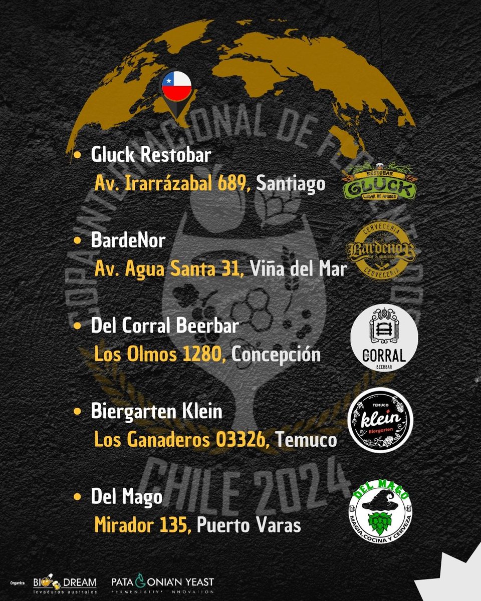 🎉 ¡Copa Internacional de Fermentados 2024 está cada vez más cerca, contamos con centros de recepción en Chile! 🌎

📍 Santiago @gluckrestobar
📍 Viña del Mar <a href="/bardenorr/">Braden Orr</a>
📍 Concepción @delcorral_beerbar
📍 Temuco @biergartenklein
📍 Puerto Varas @delmago_pv